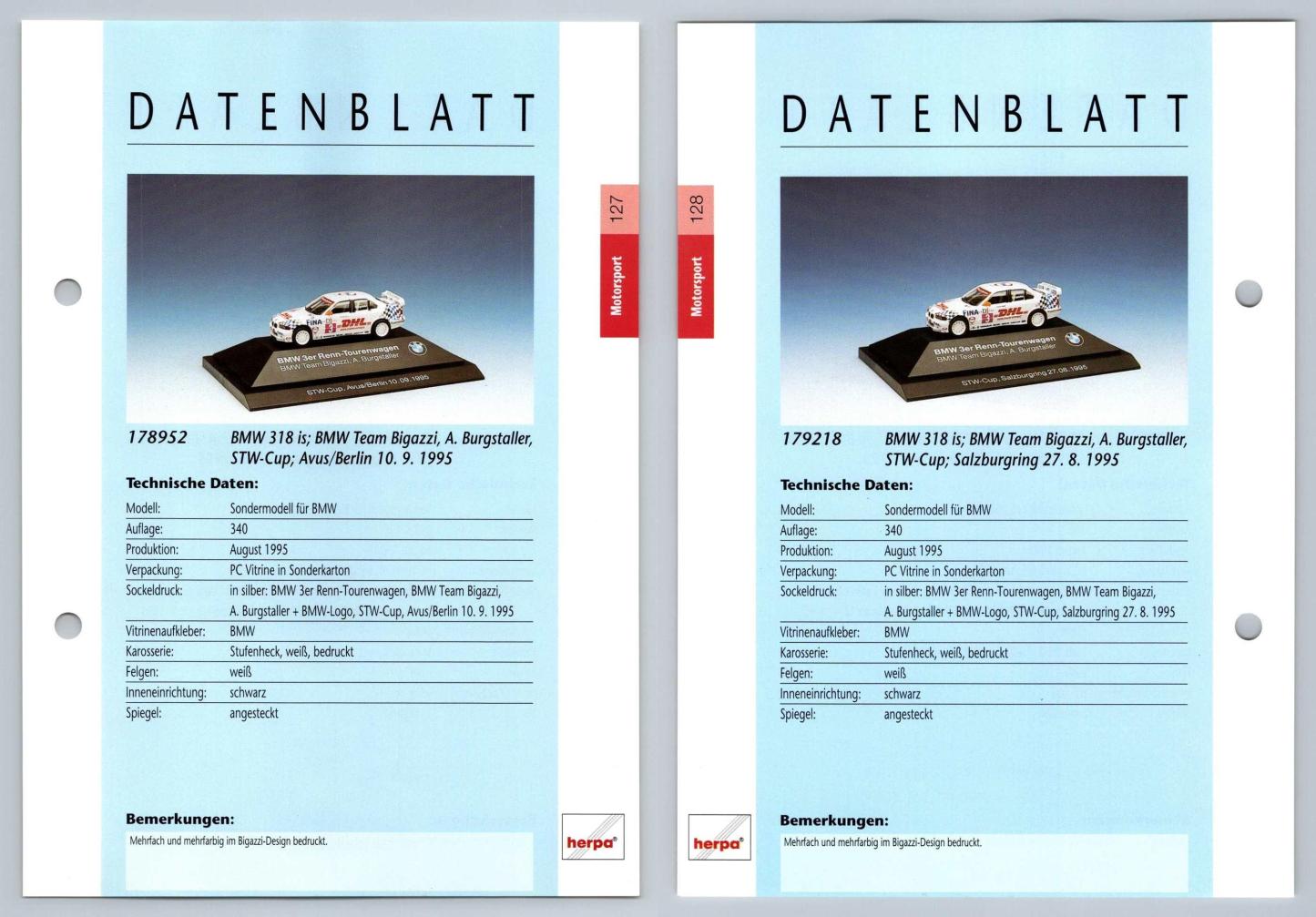 BMW 318 is #127/128 Motorsport - Herpa Data Sheet-Breakoutcards