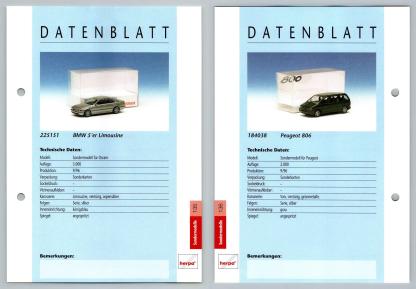 BMW 5er / Peugeot 806 #135/136 Sondermodelle - Herpa Data Sheet-Breakoutcards
