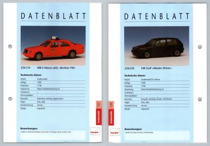 MB E-Klasse / VW Golf #137/138 Sondermodelle - Herpa Data Sheet-Breakoutcards