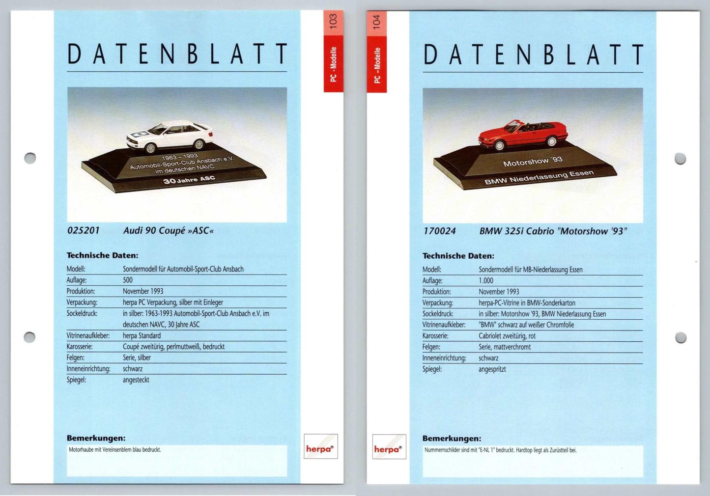 Audi 90 Coupe / BMW 325i Cabrio #103/4 PC-Modelle - Herpa Data Sheet-Breakoutcards