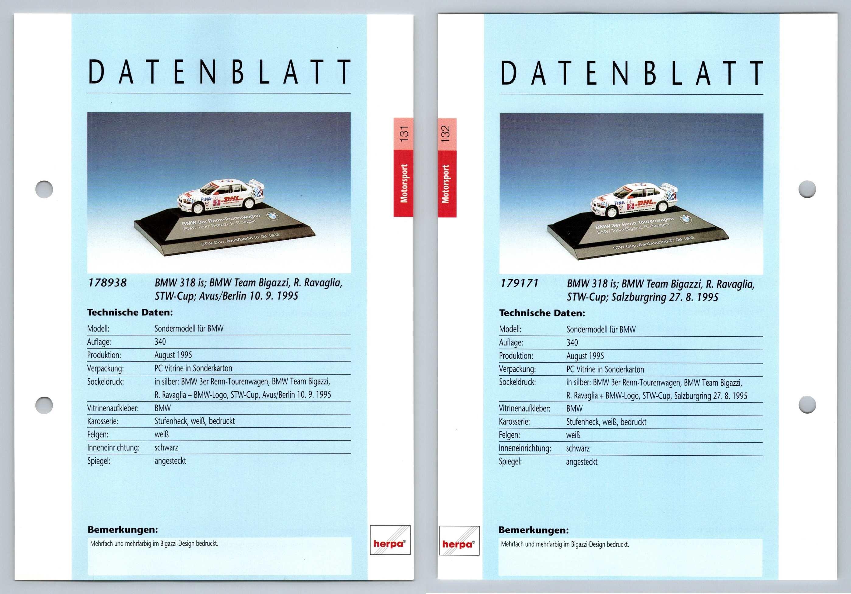 BMW 318 is #131/132 Motorsport - Herpa Data Sheet-Breakoutcards