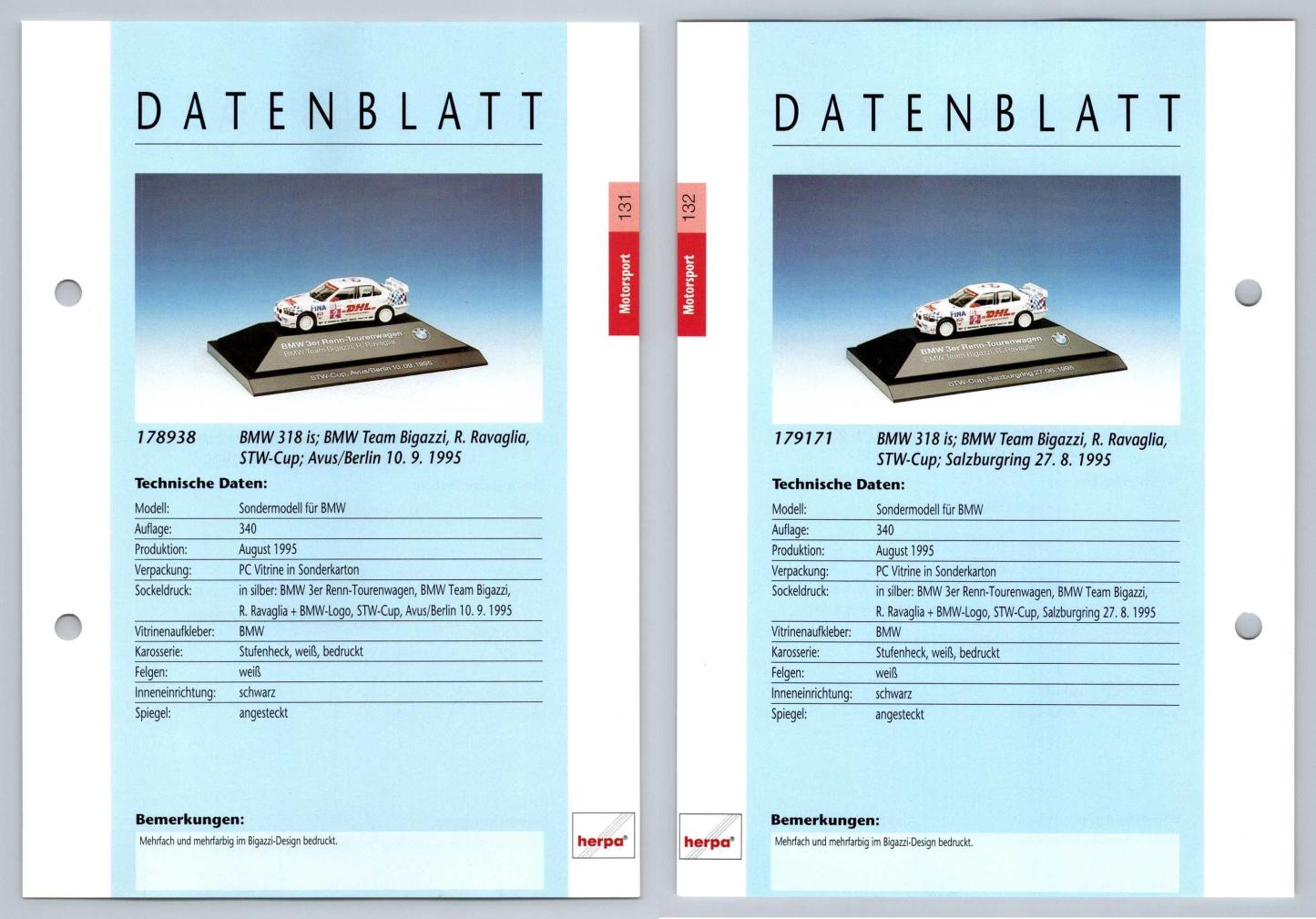 BMW 318 is #131/132 Motorsport - Herpa Data Sheet-Breakoutcards