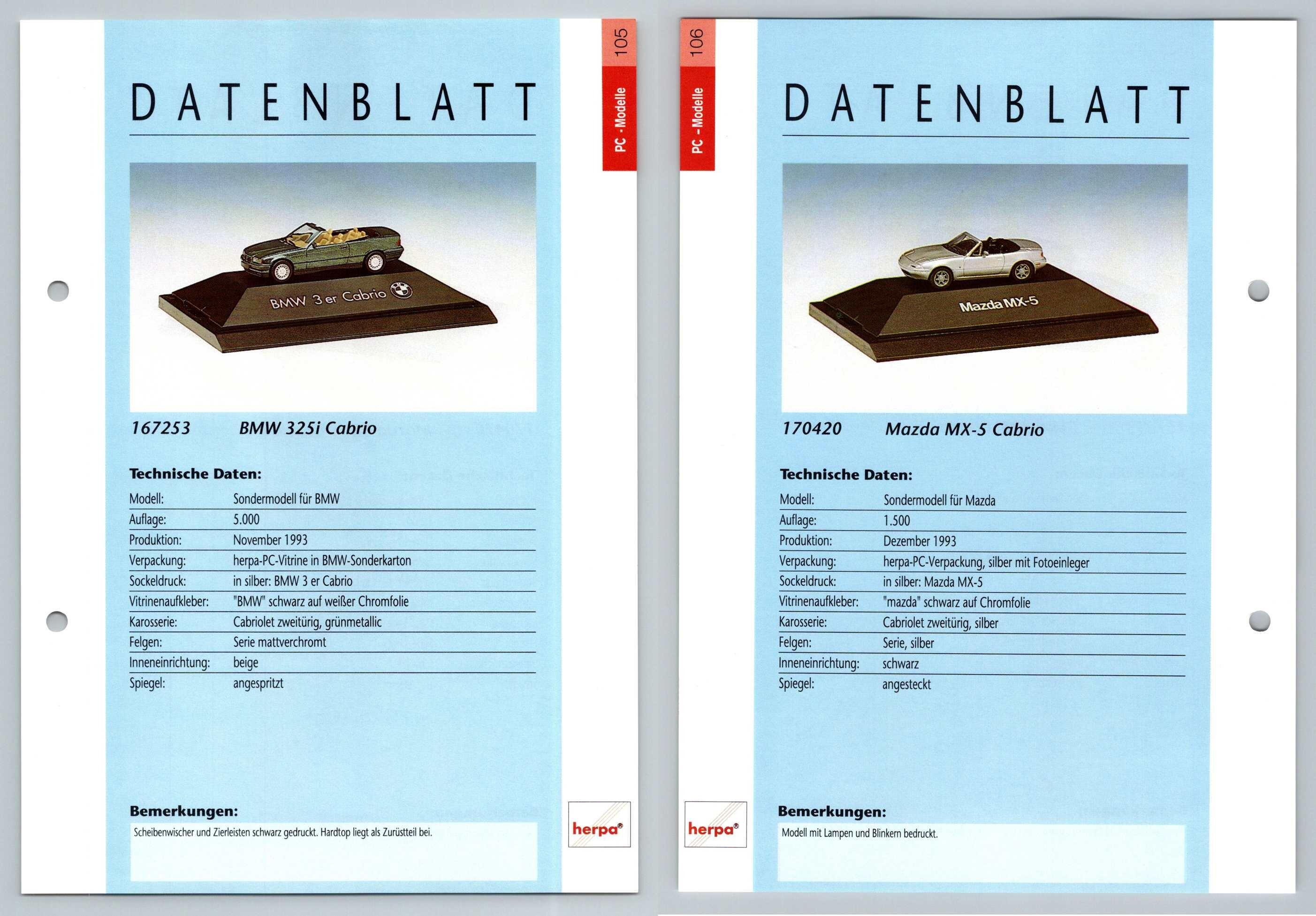 BMW 325i Cabrio / Mazda MX-5 Cabrio #105/6 PC-Modelle - Herpa Data Sheet-Breakoutcards