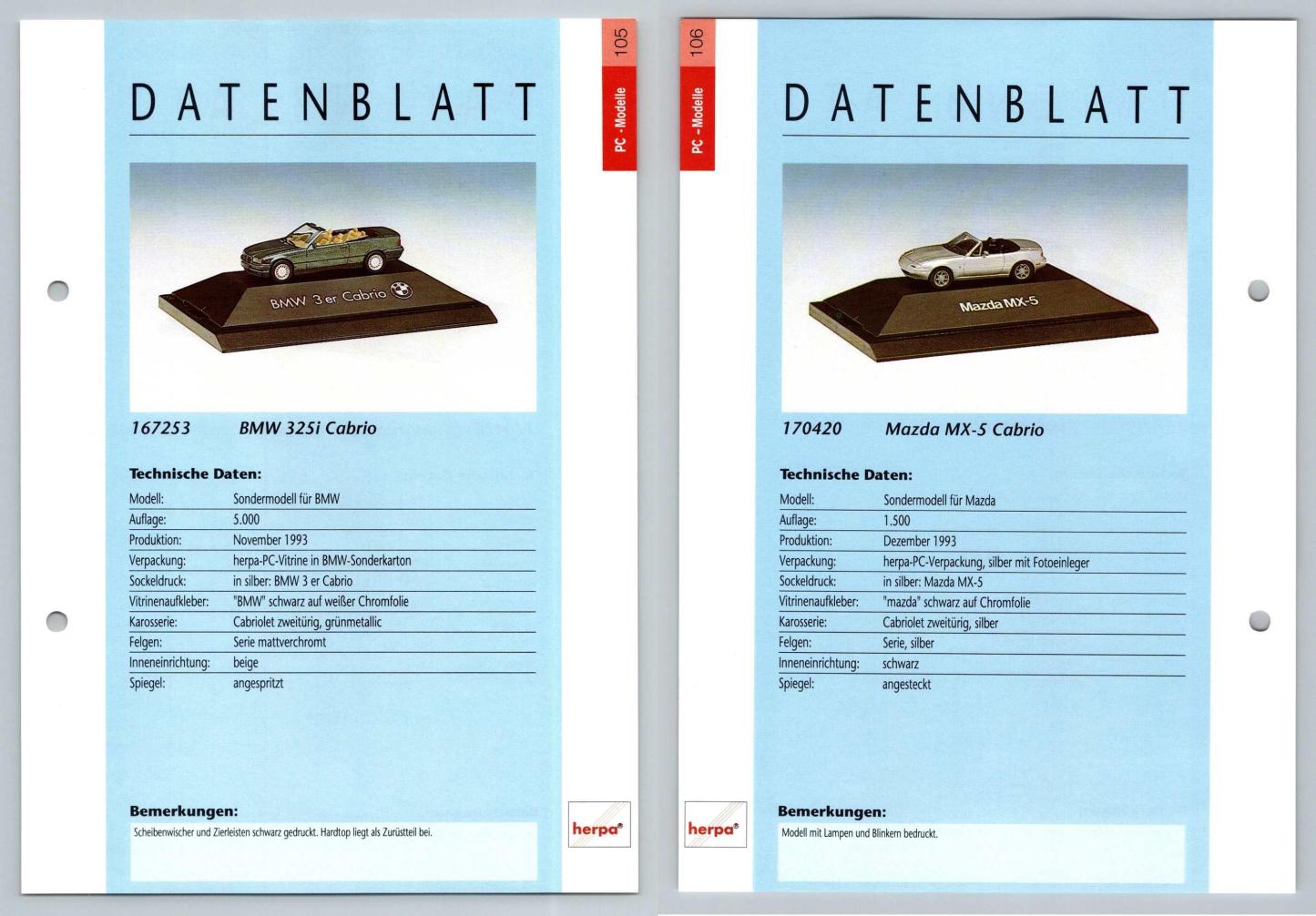 BMW 325i Cabrio / Mazda MX-5 Cabrio #105/6 PC-Modelle - Herpa Data Sheet-Breakoutcards