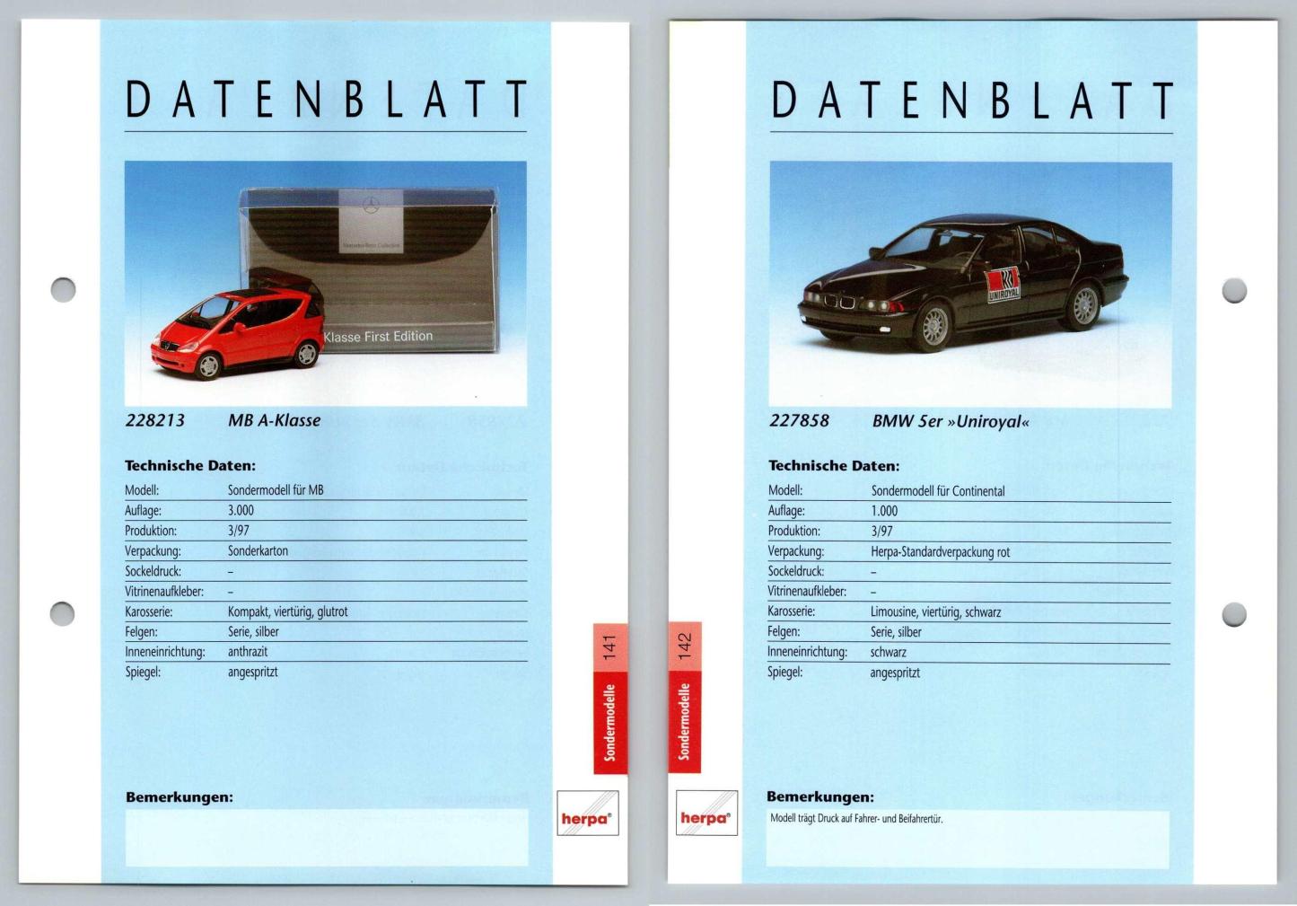 MB A-Klasse / BMW 5er #141/142 Sondermodelle - Herpa Data Sheet-Breakoutcards