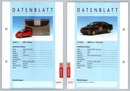 MB A-Klasse / BMW 5er #141/142 Sondermodelle - Herpa Data Sheet-Breakoutcards