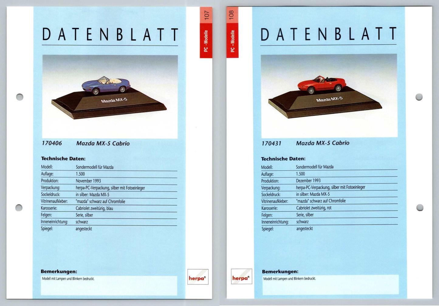 Mazda MX-5 Cabrio #107/8 PC-Modelle - Herpa Data Sheet-Breakoutcards