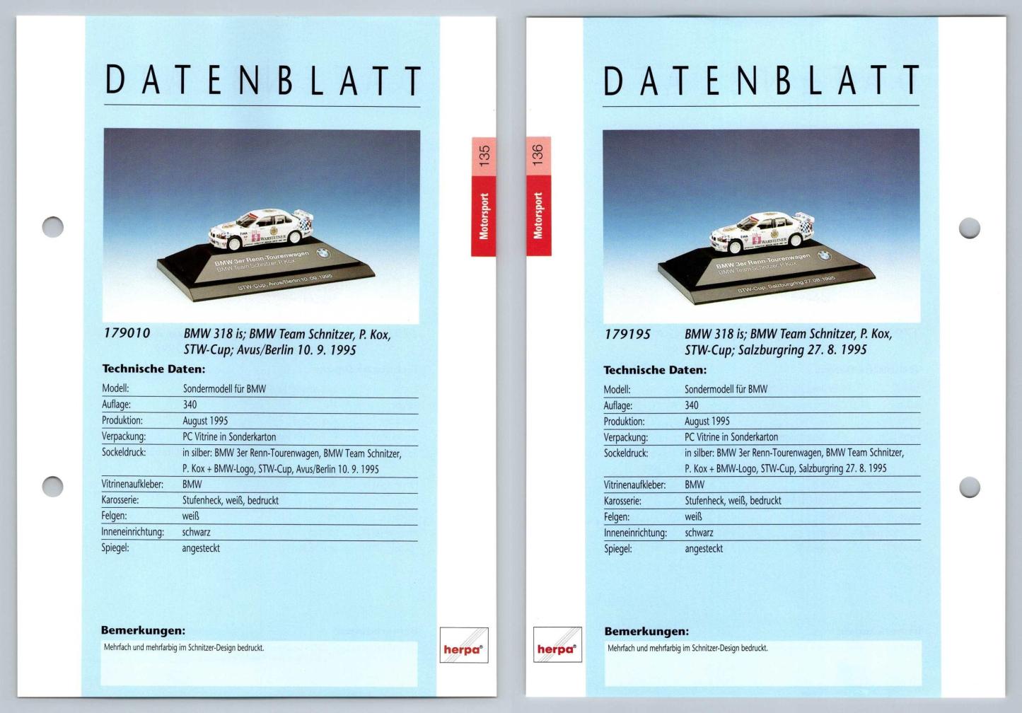 BMW 318 is #135/6 Motorsport - Herpa Data Sheet-Breakoutcards
