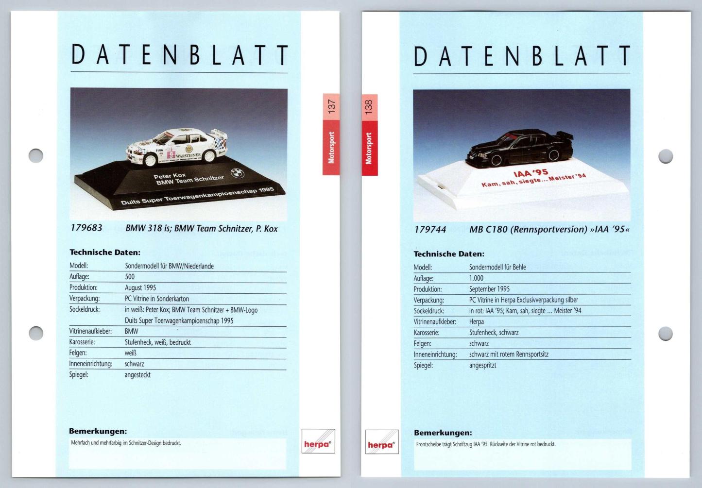 BMW 318 is / MB C180 #137/138 Motorsport - Herpa Data Sheet-Breakoutcards