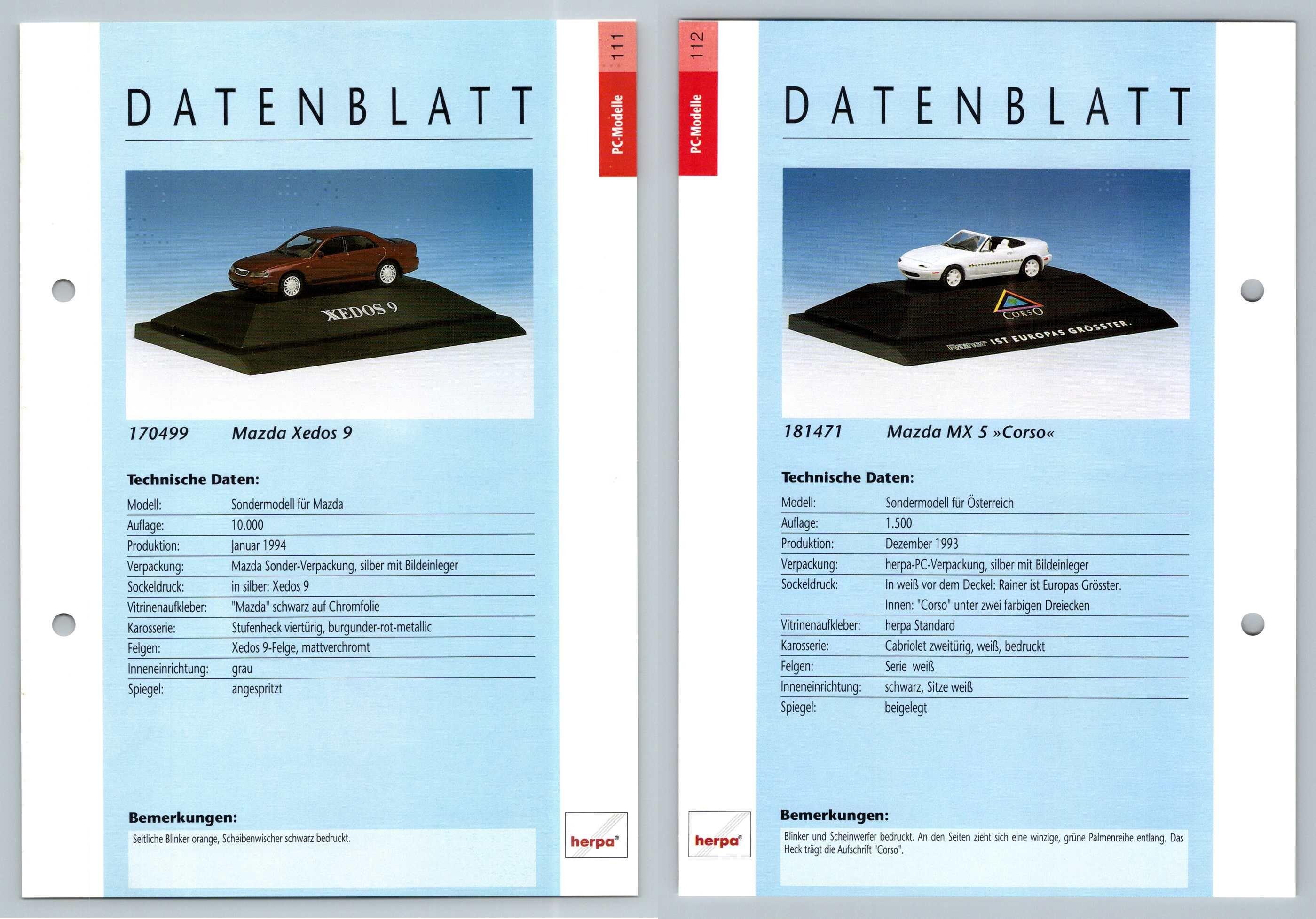 Mazda Xedos 9 / MX 5 #111/12 PC-Modelle - Herpa Data Sheet-Breakoutcards