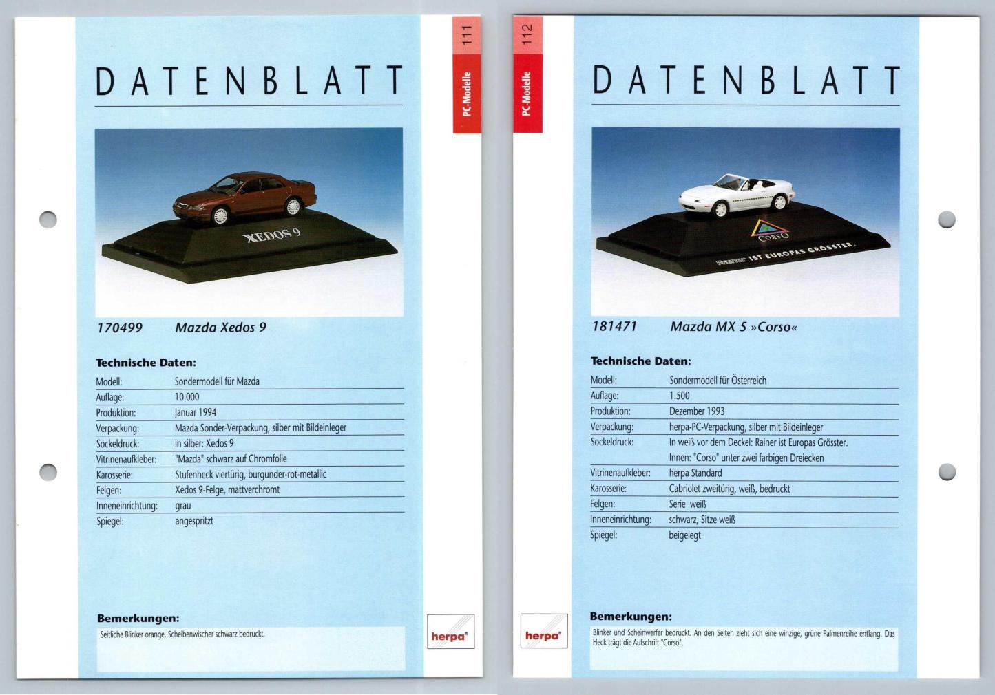 Mazda Xedos 9 / MX 5 #111/12 PC-Modelle - Herpa Data Sheet-Breakoutcards