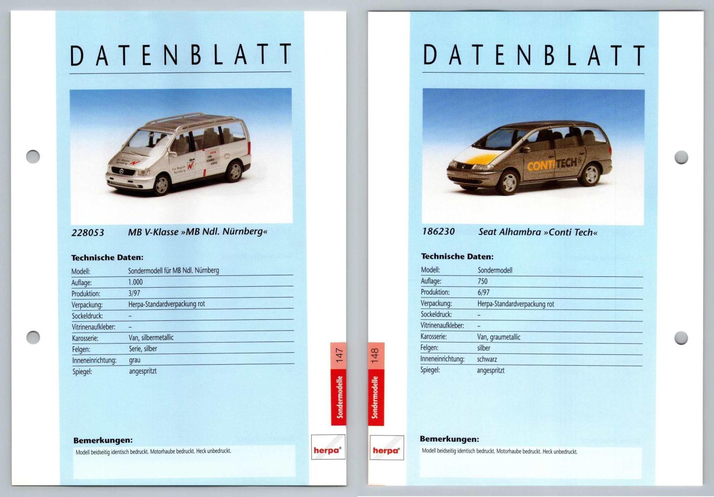 MB V-Klasse / Seat Alhambra #147/148 Sondermodelle - Herpa Data Sheet-Breakoutcards