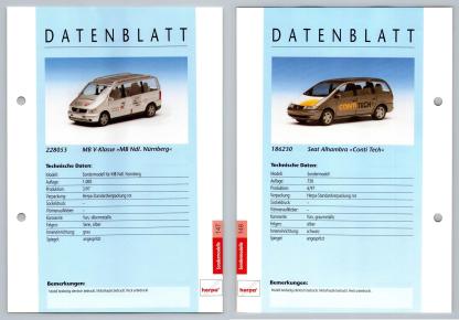 MB V-Klasse / Seat Alhambra #147/148 Sondermodelle - Herpa Data Sheet-Breakoutcards