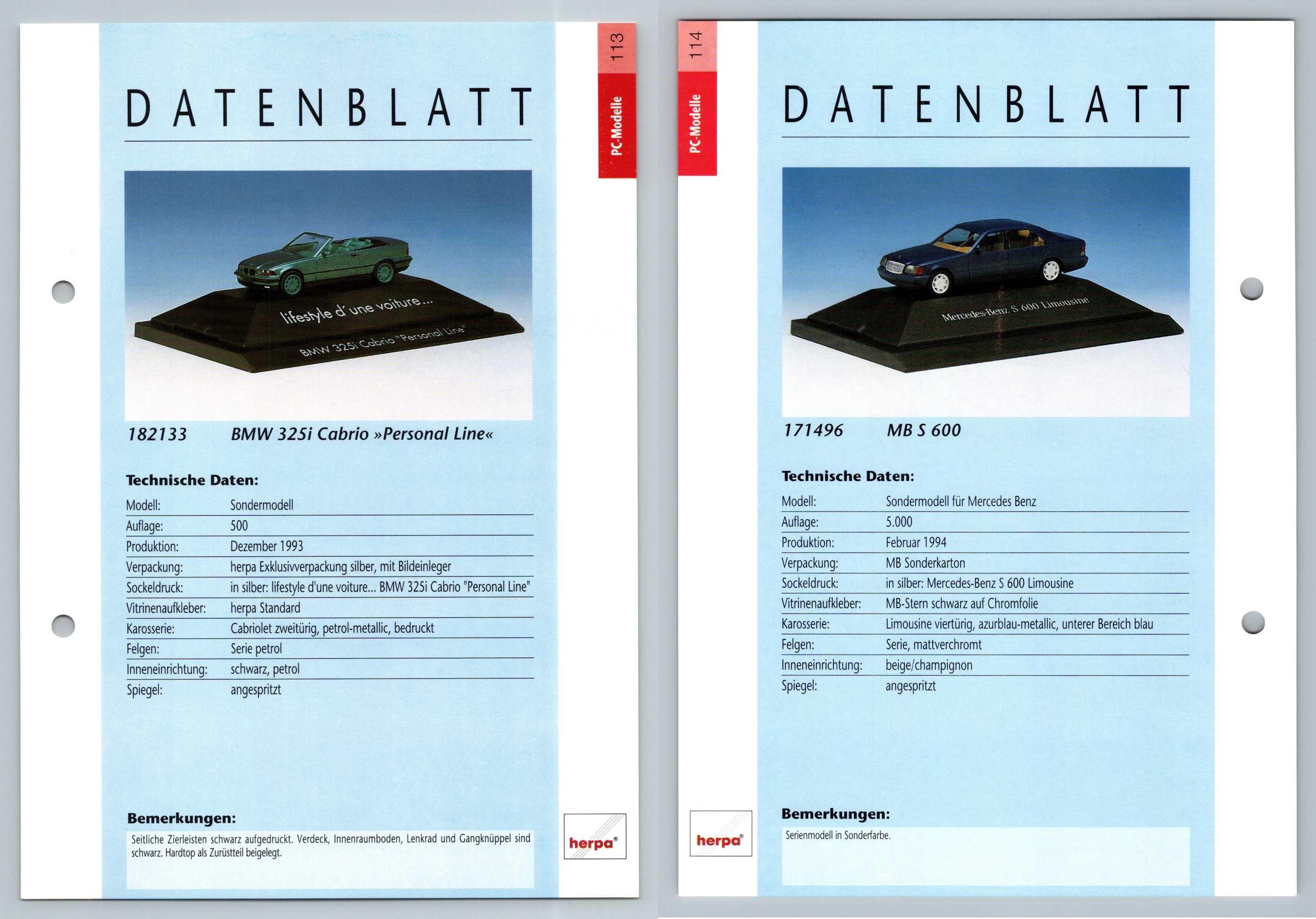 BMW 325i Cabrio / Mercedes Benz S 600 #113/14 PC-Modelle - Herpa Data Sheet-Breakoutcards