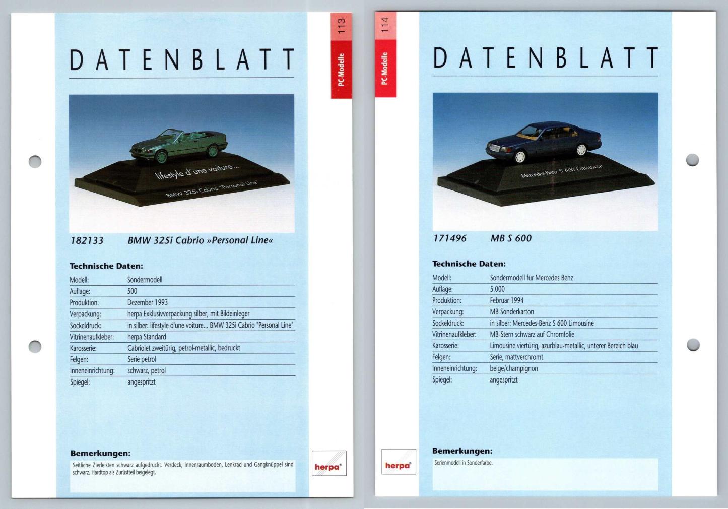 BMW 325i Cabrio / Mercedes Benz S 600 #113/14 PC-Modelle - Herpa Data Sheet-Breakoutcards