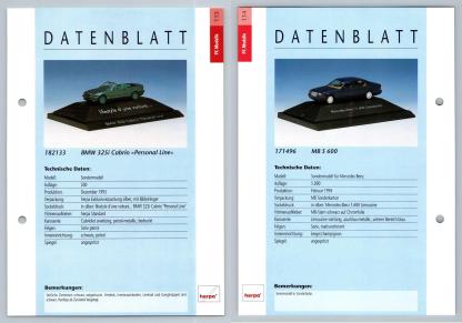 BMW 325i Cabrio / Mercedes Benz S 600 #113/14 PC-Modelle - Herpa Data Sheet-Breakoutcards