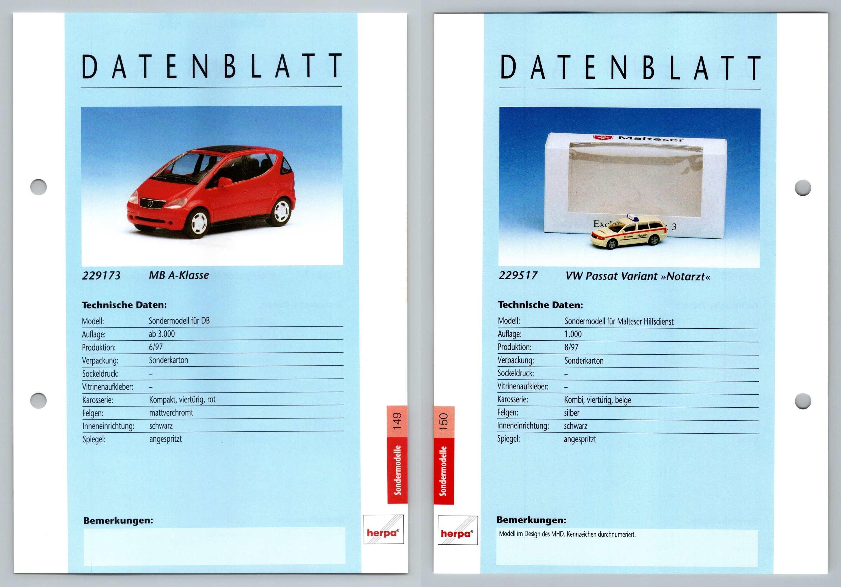 MB A-Klasse / VW Passat #149/150 Sondermodelle - Herpa Data Sheet-Breakoutcards
