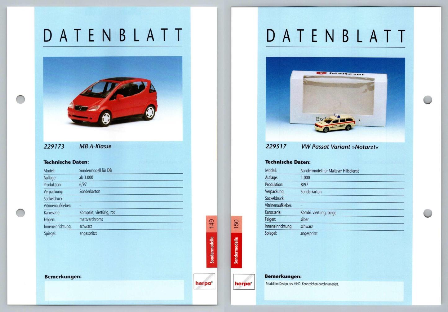 MB A-Klasse / VW Passat #149/150 Sondermodelle - Herpa Data Sheet-Breakoutcards