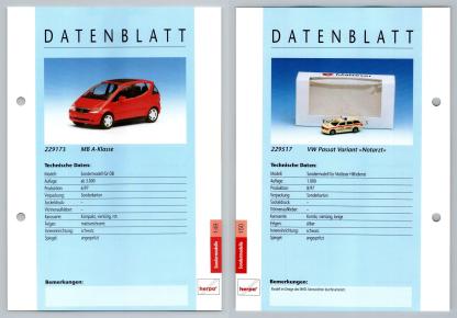 MB A-Klasse / VW Passat #149/150 Sondermodelle - Herpa Data Sheet-Breakoutcards