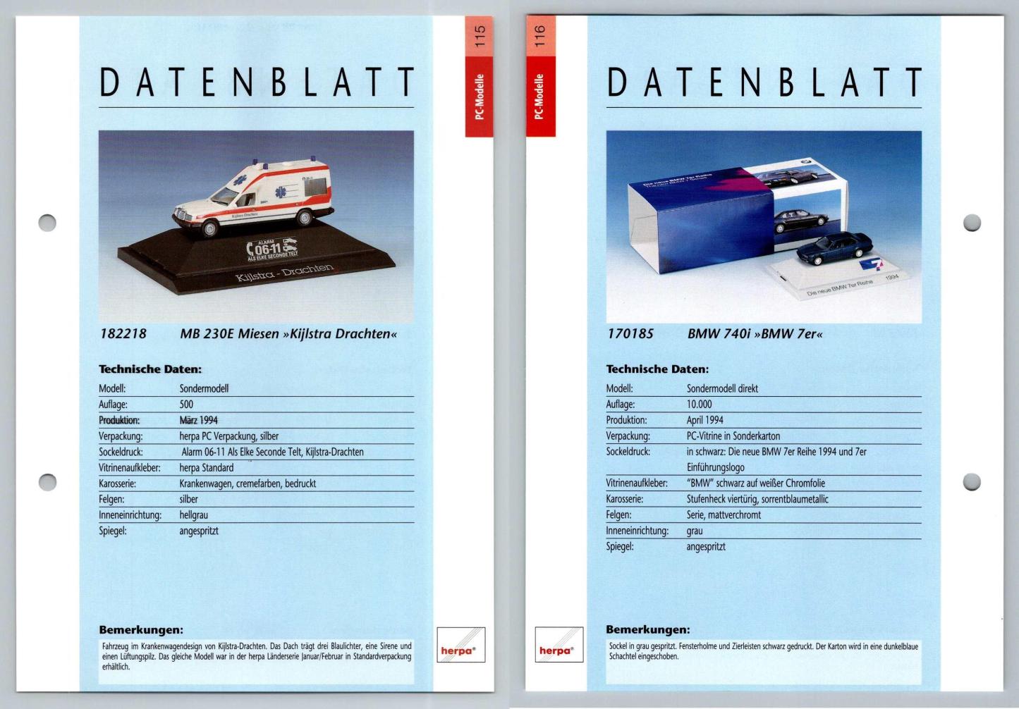 Mercedes Benz 230E / BMW 740i #115/16 PC-Modelle - Herpa Data Sheet-Breakoutcards