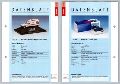 Mercedes Benz 230E / BMW 740i #115/16 PC-Modelle - Herpa Data Sheet-Breakoutcards