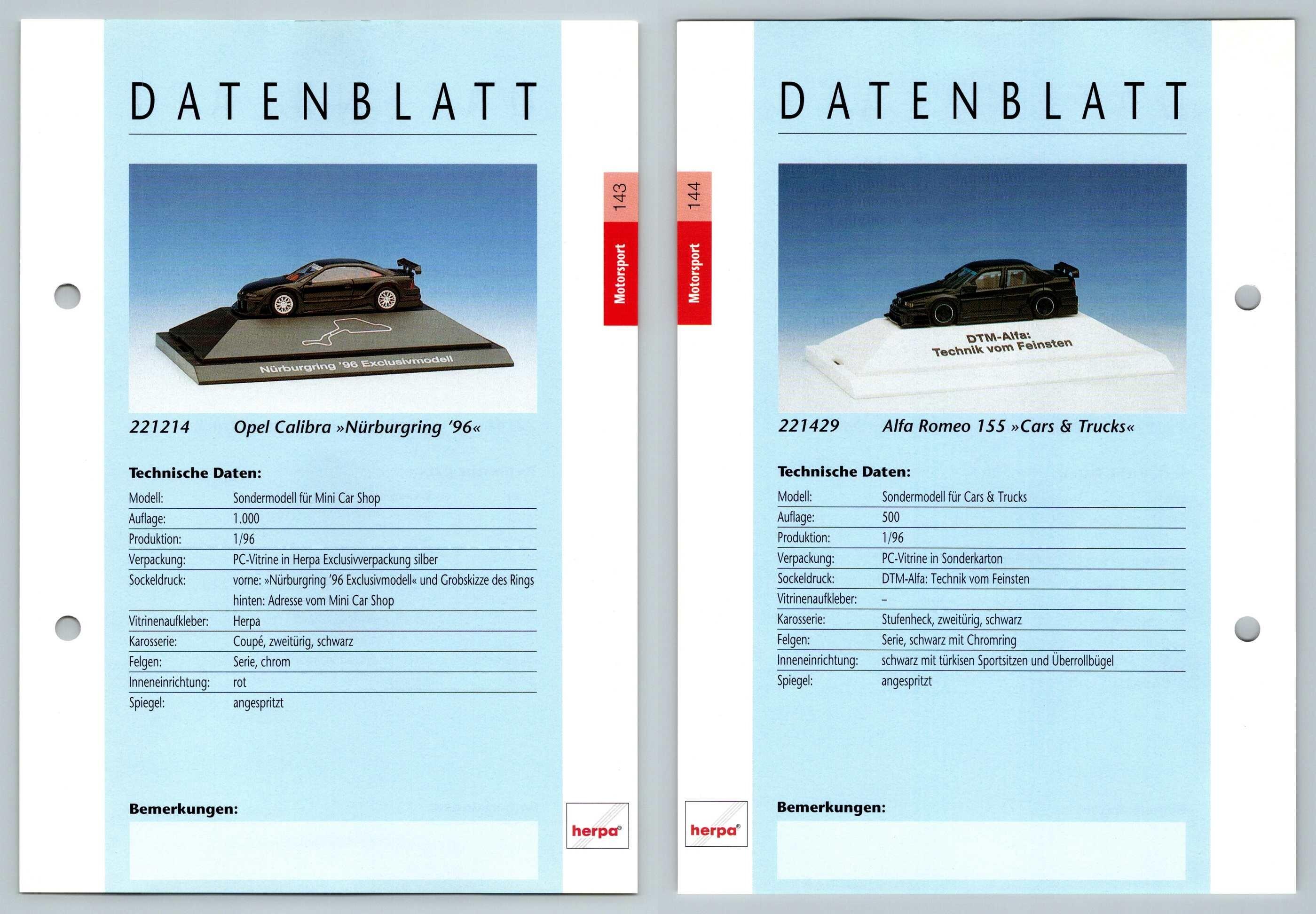 Opel Calibra / Alfa Romeo 155 #143/144 Motorsport - Herpa Data Sheet-Breakoutcards