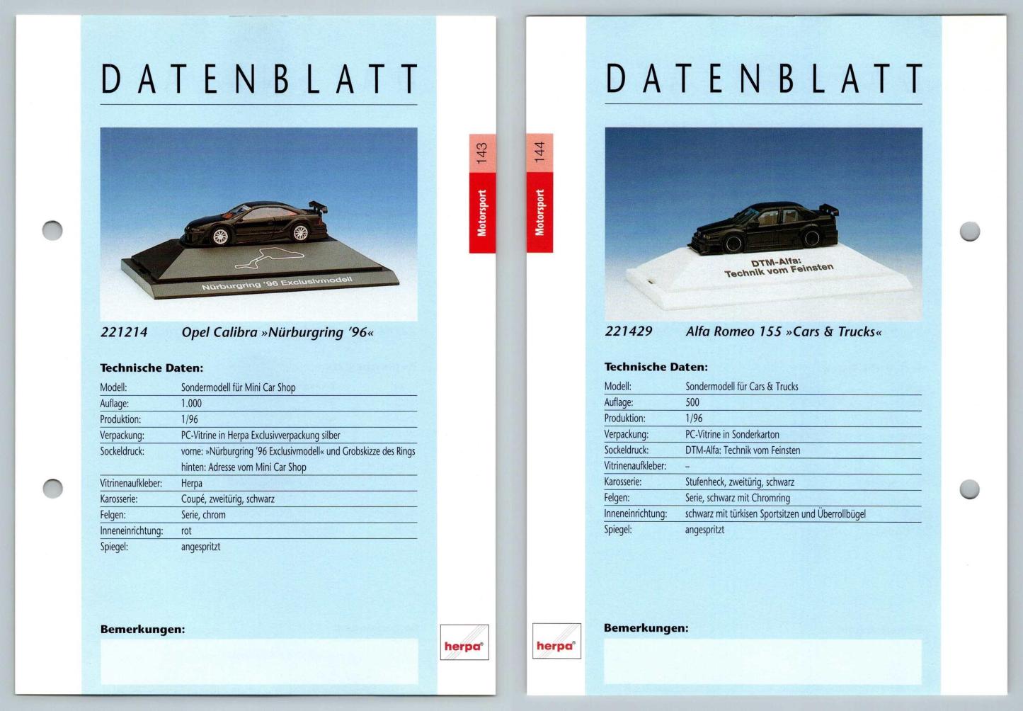 Opel Calibra / Alfa Romeo 155 #143/144 Motorsport - Herpa Data Sheet-Breakoutcards