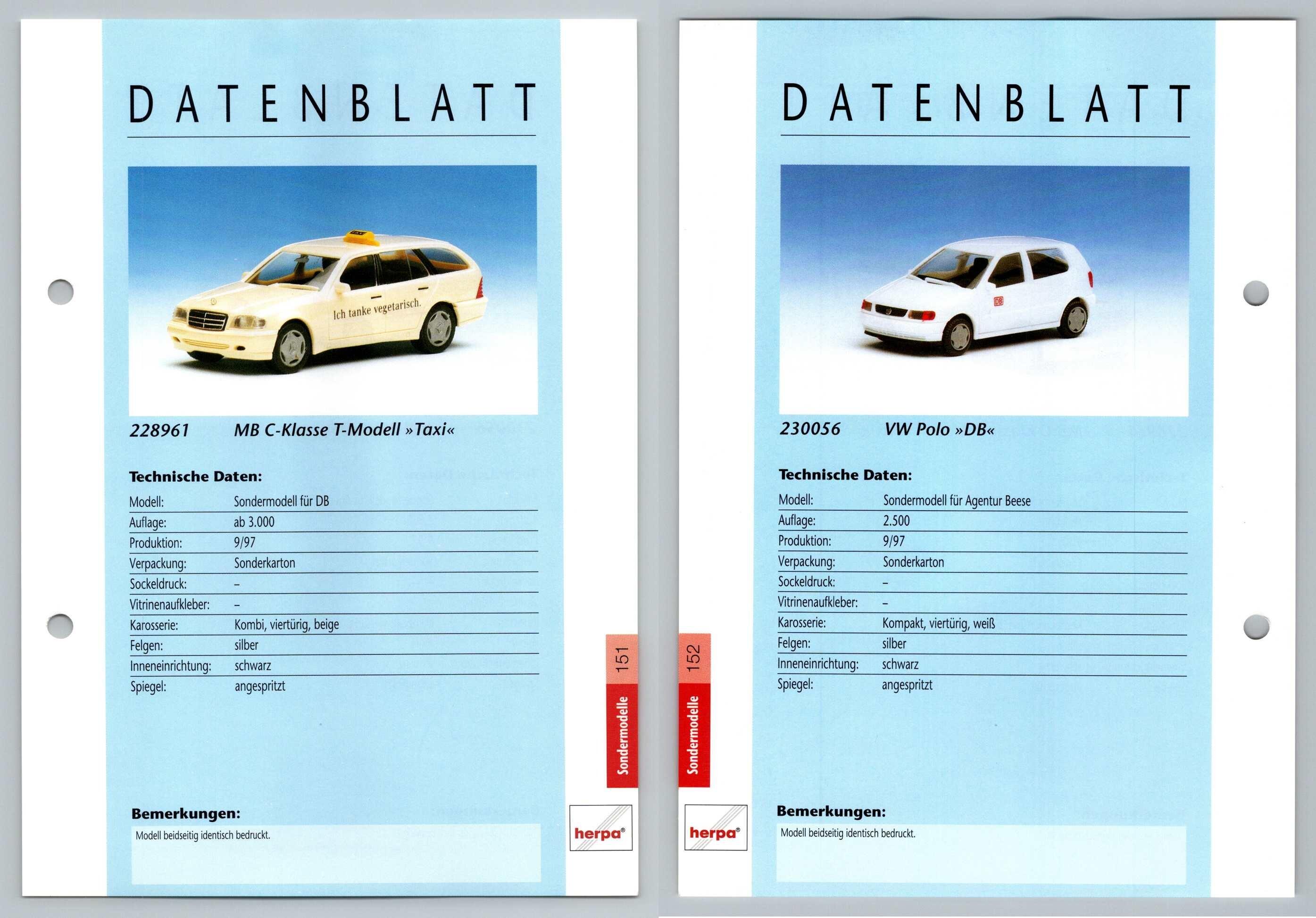 MB C-Klasse / VW Polo #151/152 Sondermodelle - Herpa Data Sheet-Breakoutcards