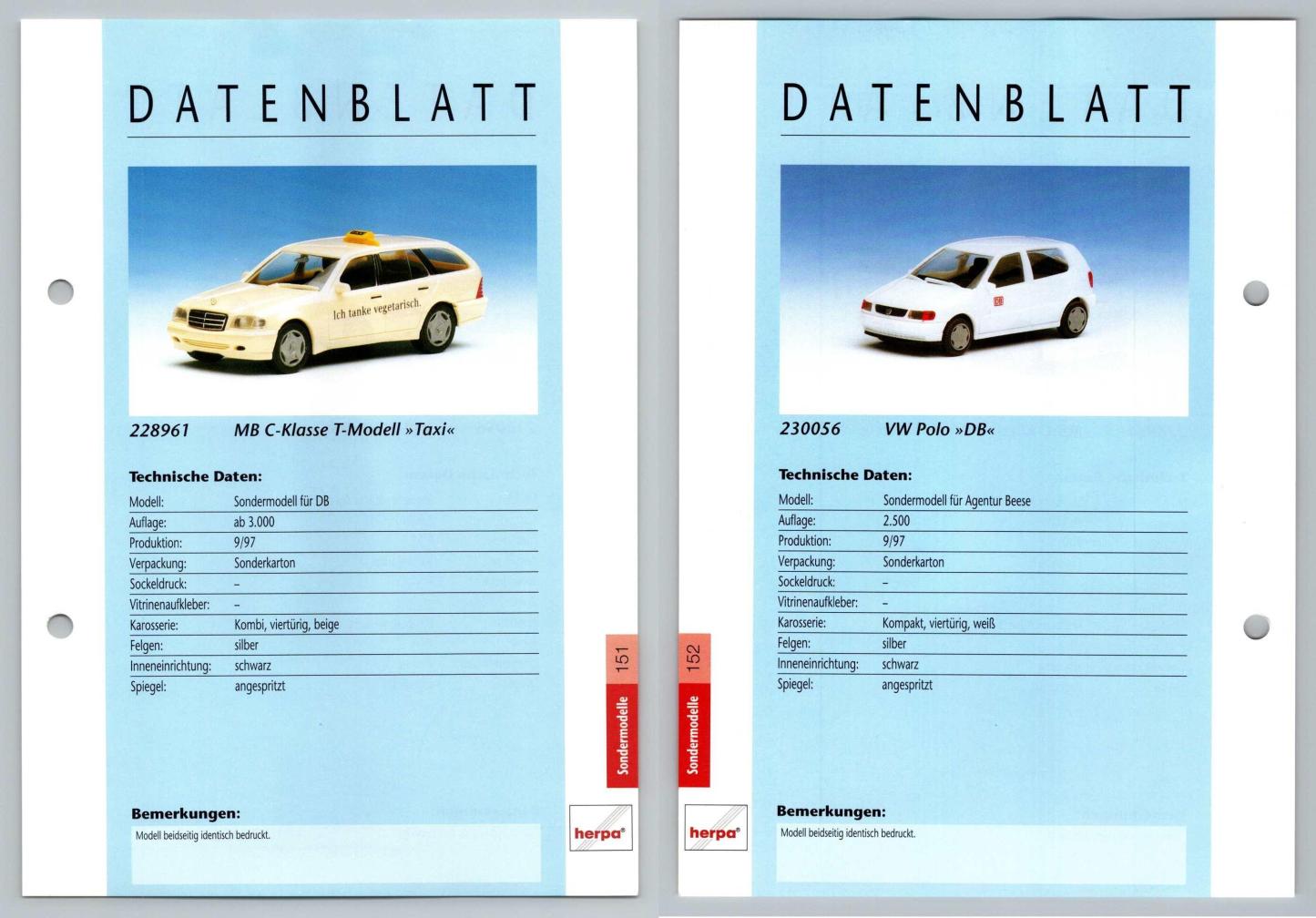 MB C-Klasse / VW Polo #151/152 Sondermodelle - Herpa Data Sheet-Breakoutcards