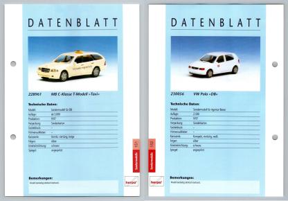 MB C-Klasse / VW Polo #151/152 Sondermodelle - Herpa Data Sheet-Breakoutcards