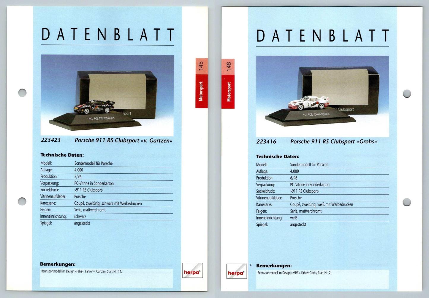 Porsche 911 RS Clubsport #145/146 Motorsport - Herpa Data Sheet-Breakoutcards