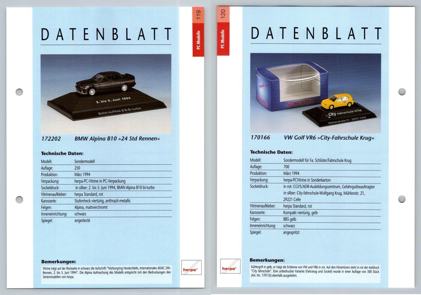 BMW Alpina B10 / VW Golf VR6 #119/20 PC-Modelle - Herpa Data Sheet-Breakoutcards
