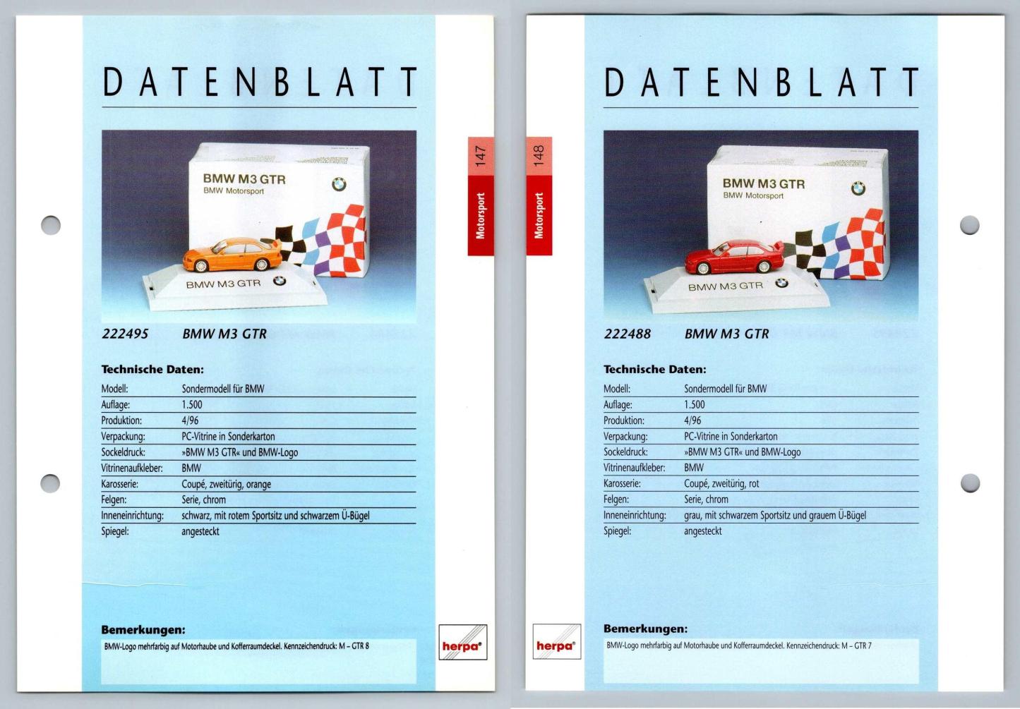 BMW M3 GTR #147/148 Motorsport - Herpa Data Sheet-Breakoutcards