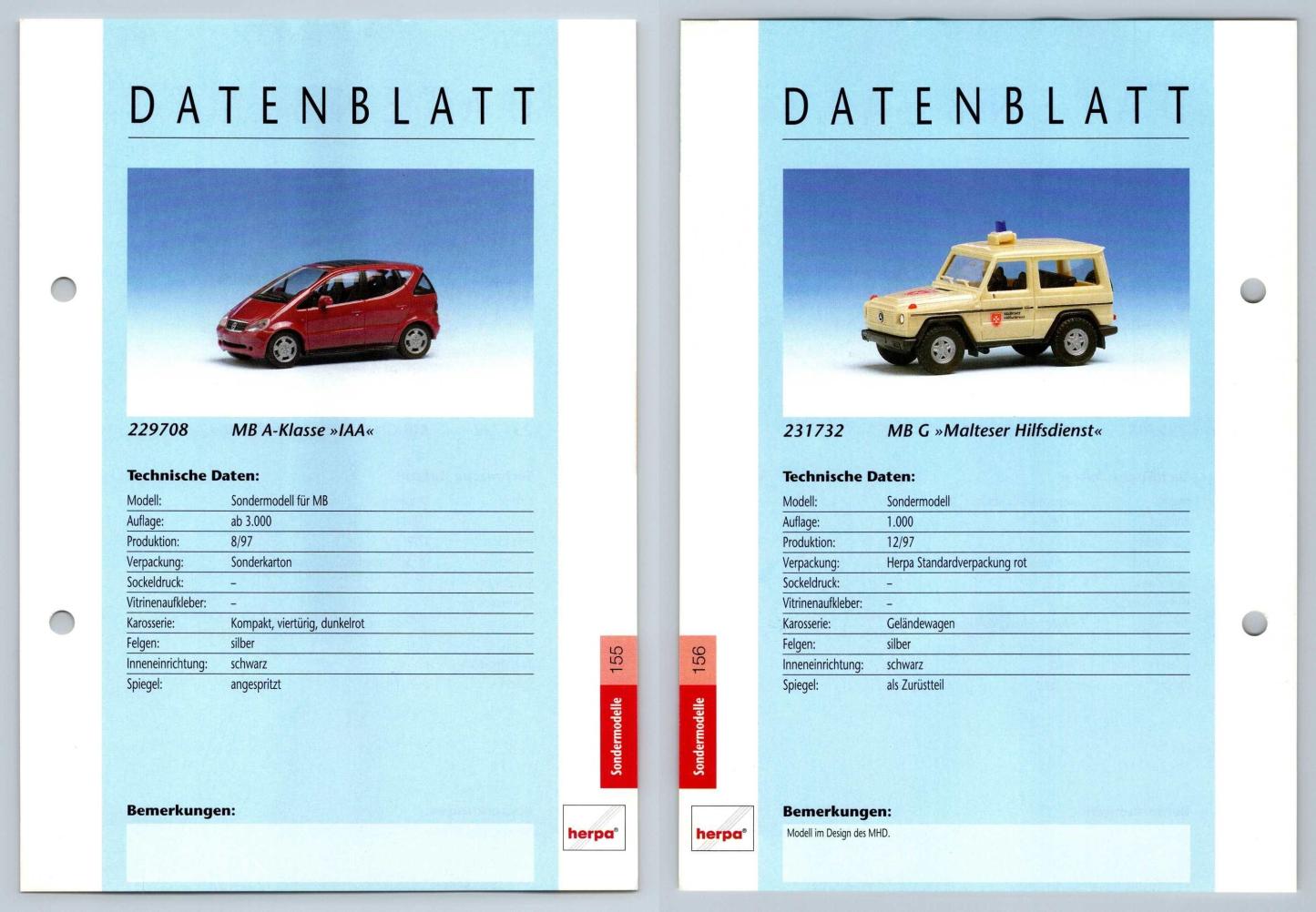 MB A-Klase / MB G #155/156 Sondermodelle - Herpa Data Sheet-Breakoutcards