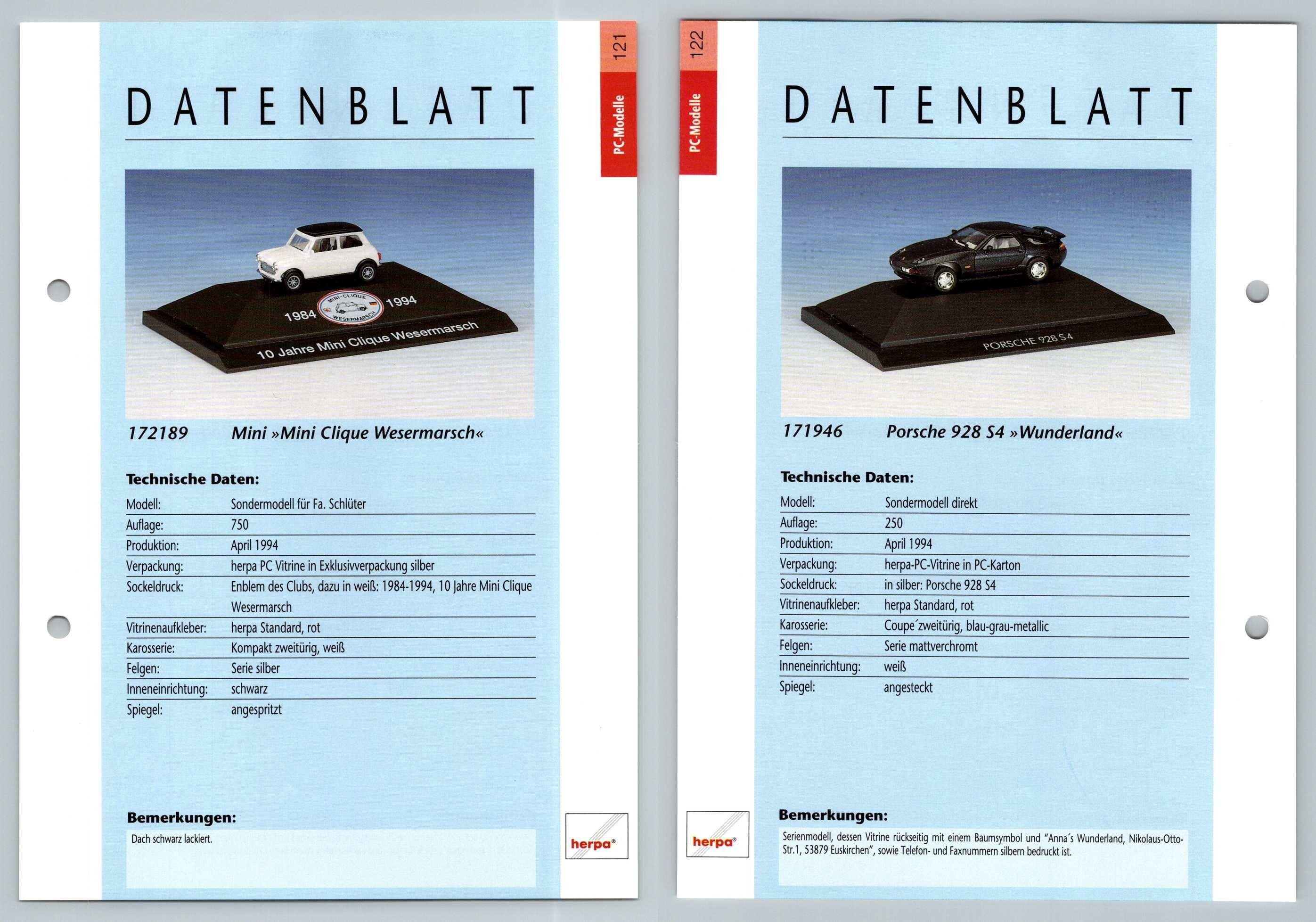 Mini / Porsche 928 S4 #121/22 PC-Modelle - Herpa Data Sheet-Breakoutcards