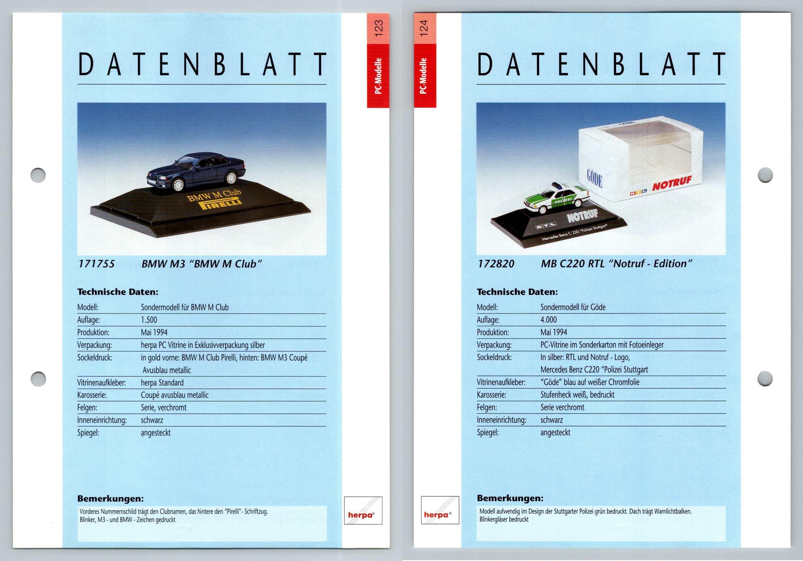 BMW M3 / Mercedes Benz C220 RTL #123/24 PC-Modelle - Herpa Data Sheet-Breakoutcards