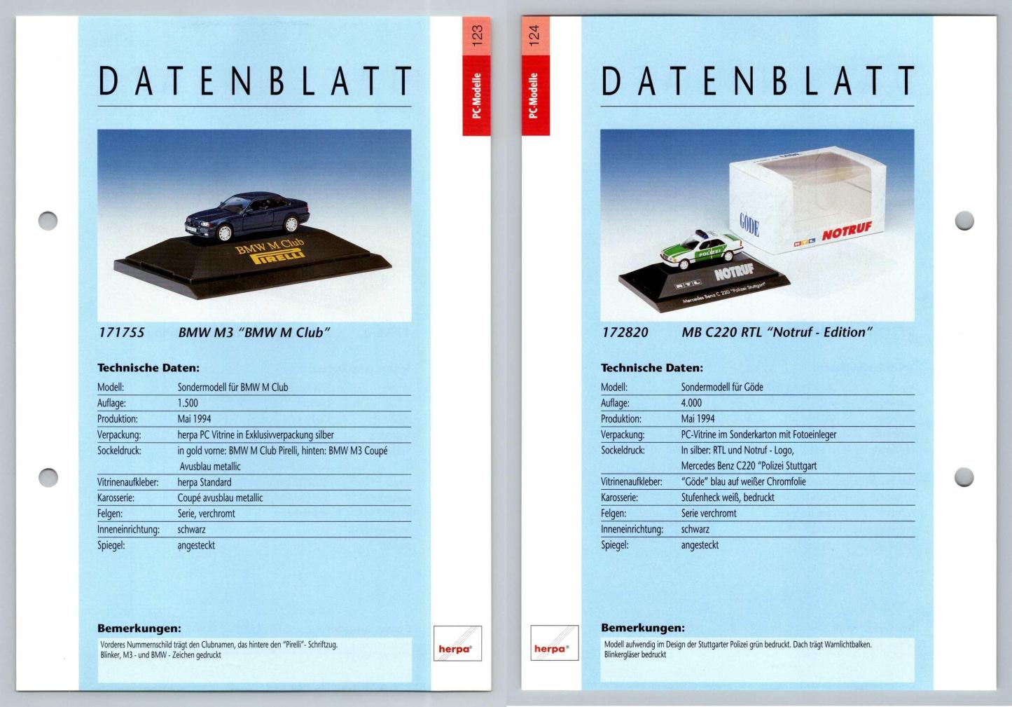 BMW M3 / Mercedes Benz C220 RTL #123/24 PC-Modelle - Herpa Data Sheet-Breakoutcards