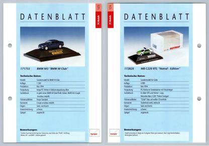BMW M3 / Mercedes Benz C220 RTL #123/24 PC-Modelle - Herpa Data Sheet-Breakoutcards