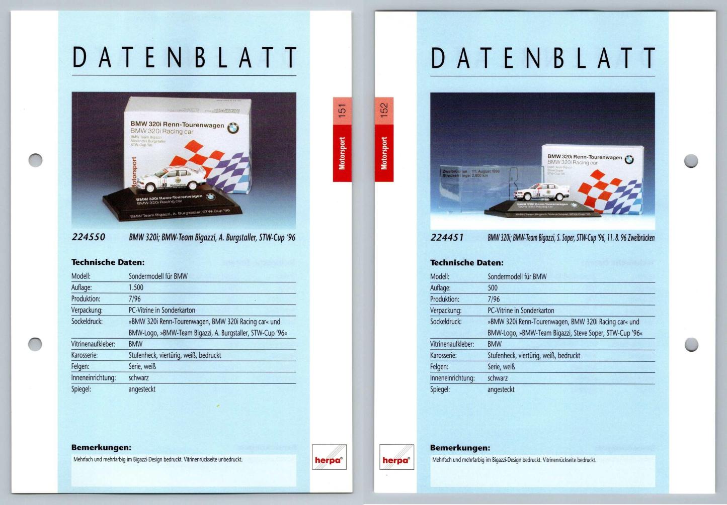 BMW 320i #151/152 Motorsport - Herpa Data Sheet-Breakoutcards