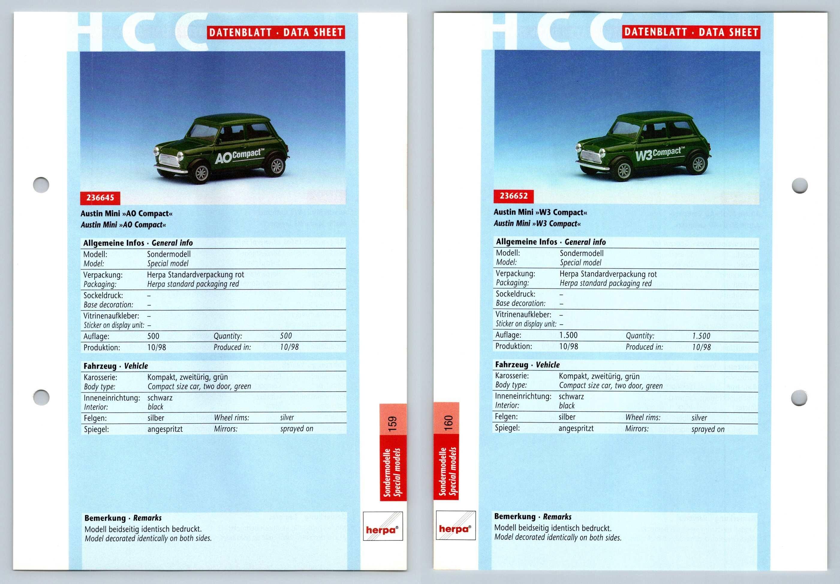 Austin Mini #159/160 Sondermodelle - Herpa Data Sheet-Breakoutcards