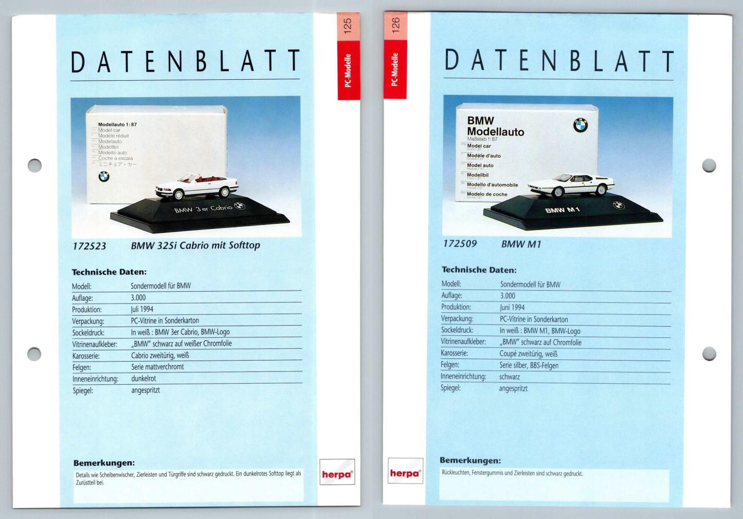 BMW 325i Cabrio / M1 #125/26 PC-Modelle - Herpa Data Sheet-Breakoutcards