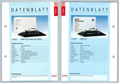 BMW 325i Cabrio / M1 #125/26 PC-Modelle - Herpa Data Sheet-Breakoutcards