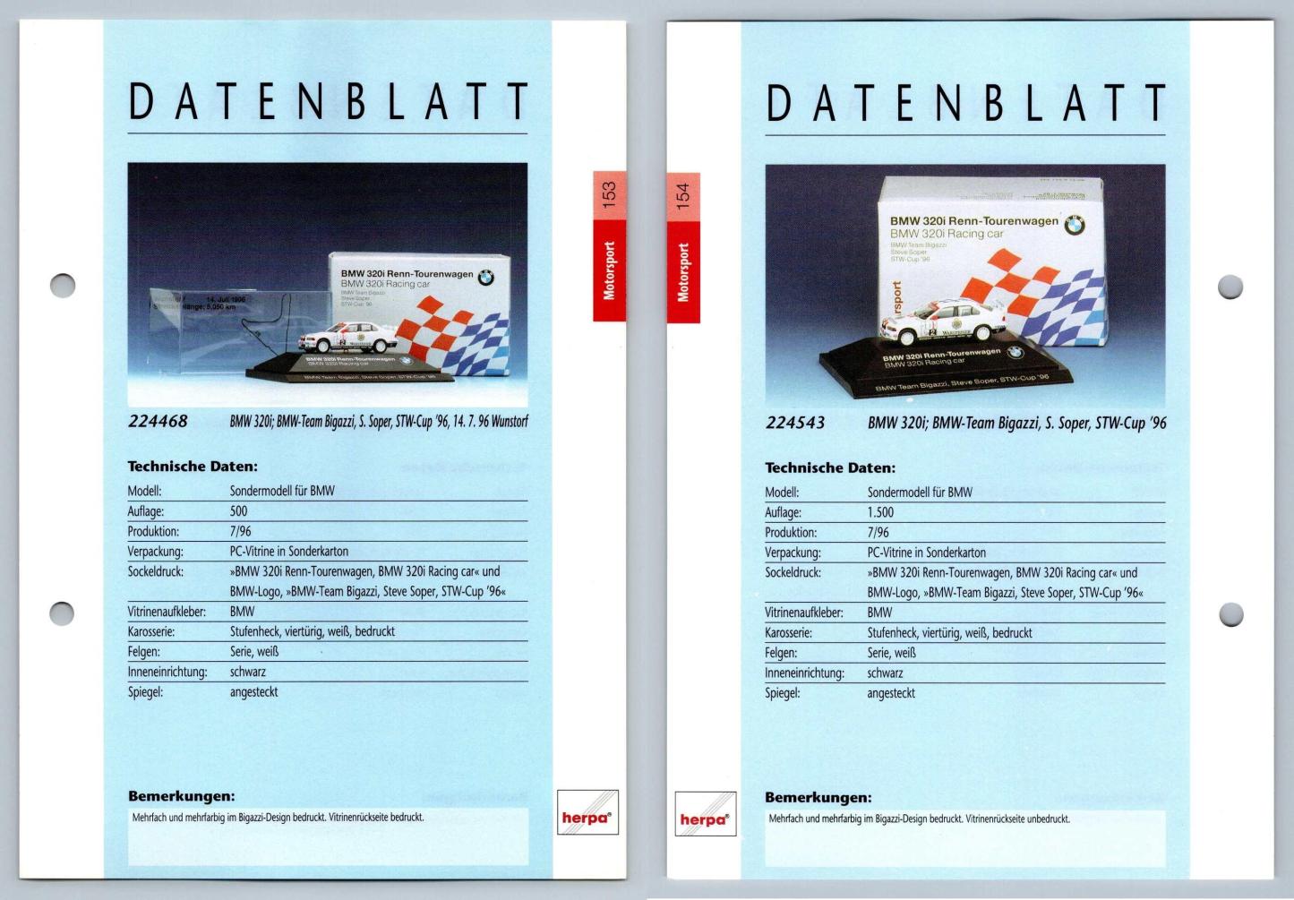 BMW 320i #153/154 Motorsport - Herpa Data Sheet-Breakoutcards