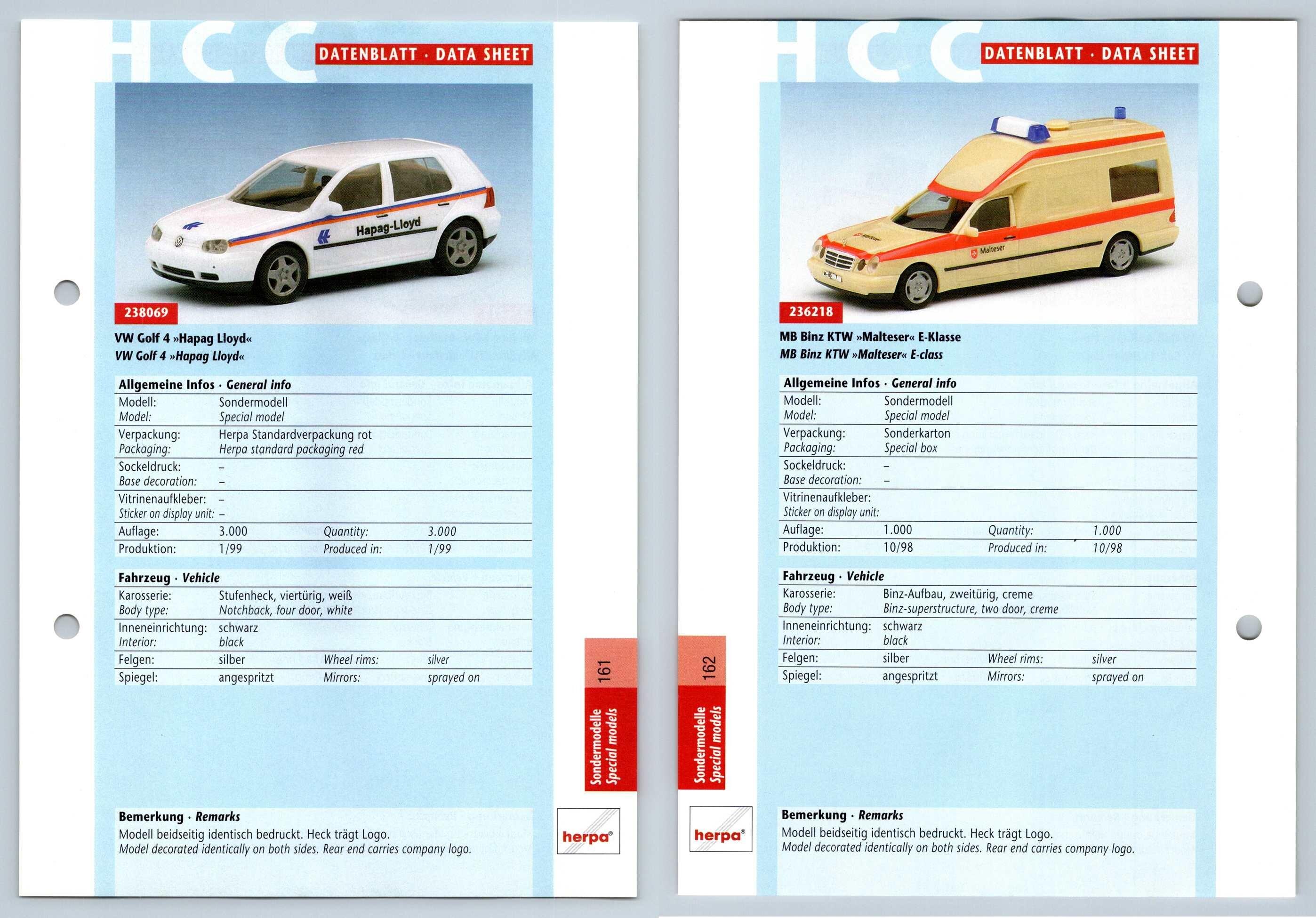 VW Golf 4 / MB Binz KTW #161/162 Sondermodelle - Herpa Data Sheet-Breakoutcards