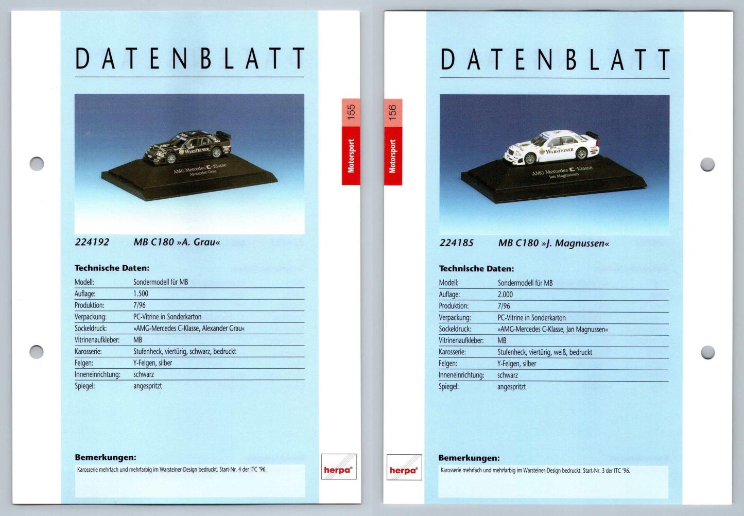 Mercedes Benz C180 #155/156 Motorsport - Herpa Data Sheet-Breakoutcards