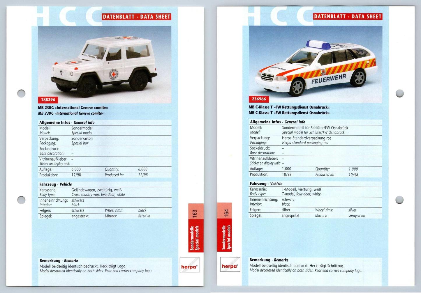 MB 230G / MB C-Klasse #163/164 Sondermodelle - Herpa Data Sheet-Breakoutcards