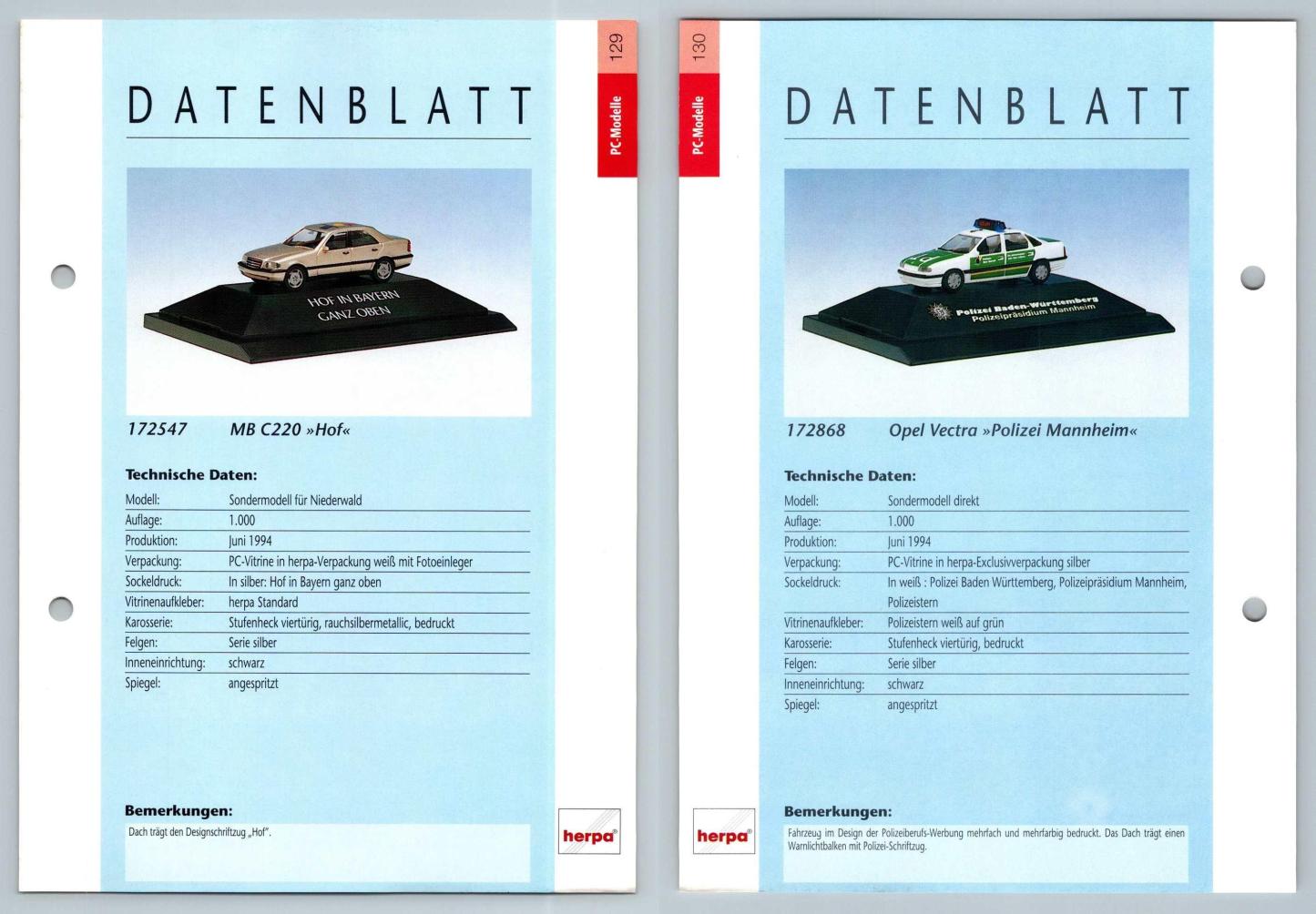 Mercedes Benz C220 / Opel Vectra #129/30 PC-Modelle - Herpa Data Sheet-Breakoutcards