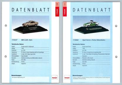 Mercedes Benz C220 / Opel Vectra #129/30 PC-Modelle - Herpa Data Sheet-Breakoutcards
