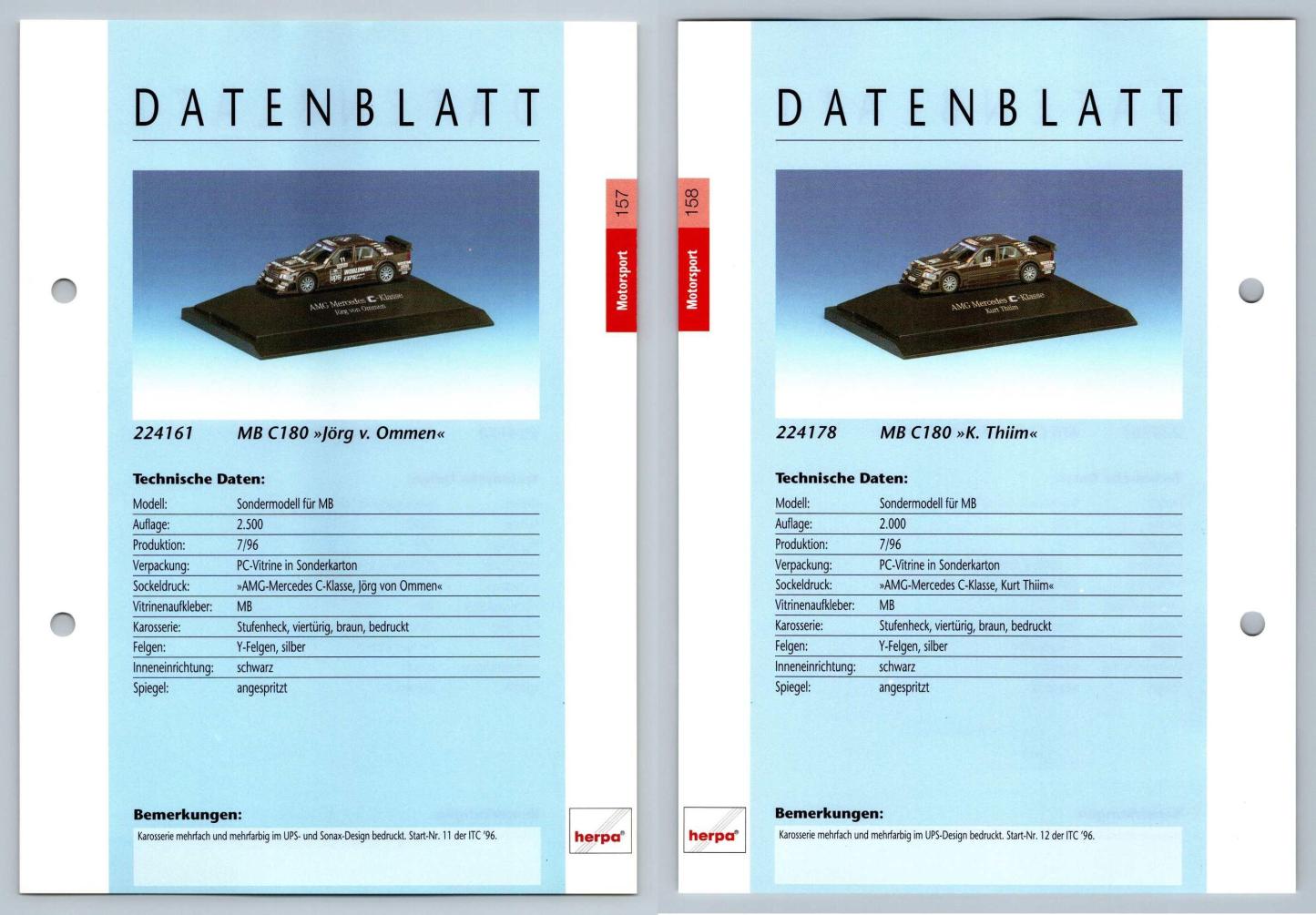Mercedes Benz C180 #157/158 Motorsport - Herpa Data Sheet-Breakoutcards