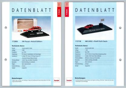 VW Passat / Mercedes Benz 500SL #131/32 PC-Modelle - Herpa Data Sheet-Breakoutcards